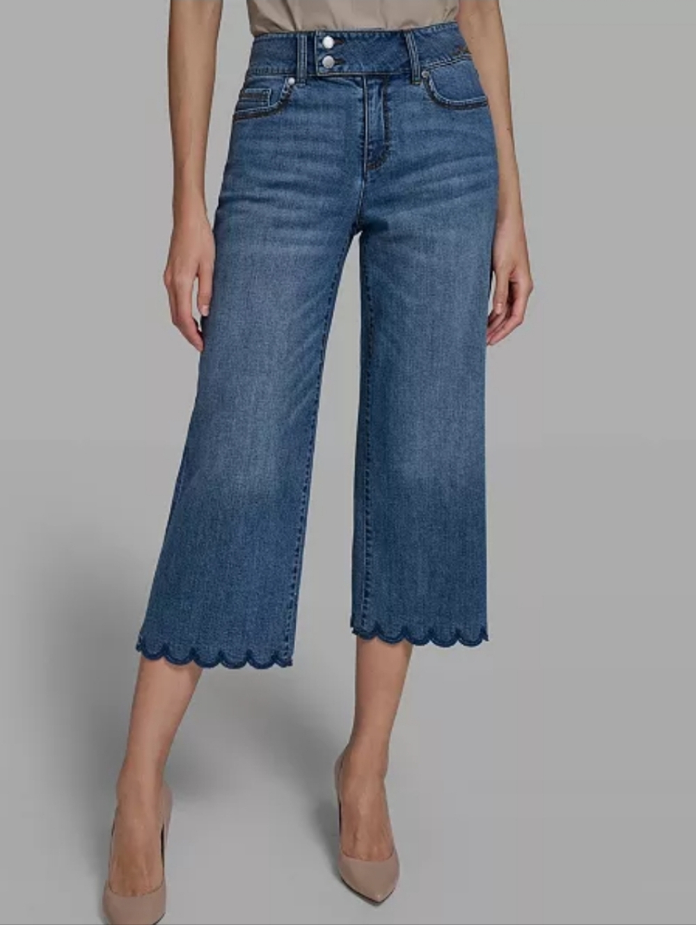 Karl Lagerfeld Medium Blue Scalloped-Hem Wide-Leg Cropped Jeans NWT Size 12